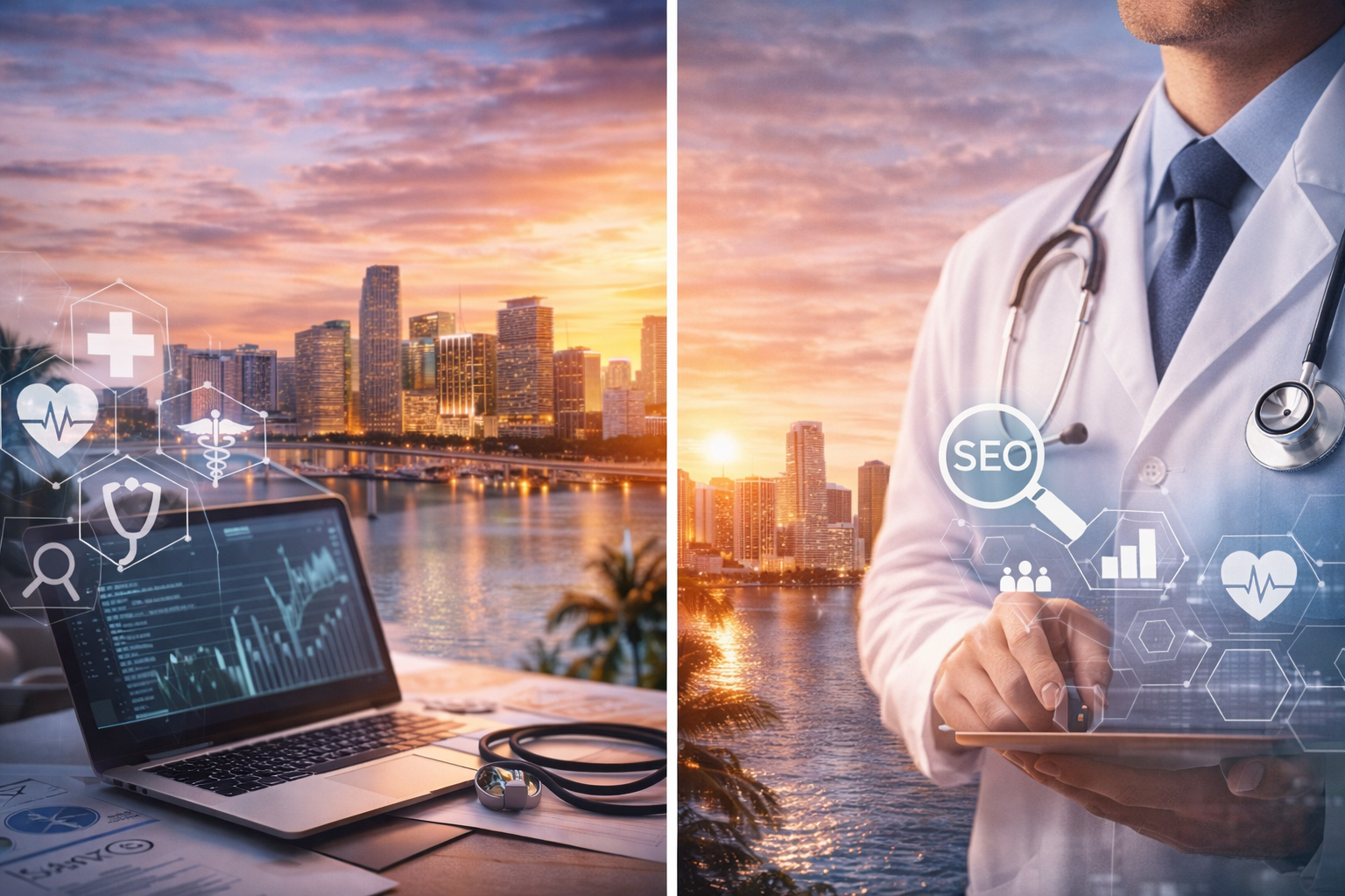Best Healthcare Marketing Agencies in Miami Best healthcare marketing agencies in Miami — doctor with SEO and digital marketing icons, Miami skyline at sunset