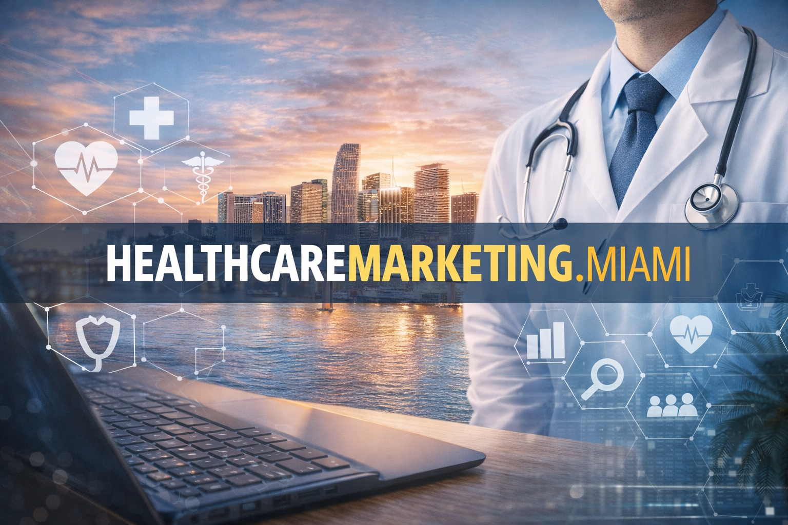 Healthcare Marketing Agencies in Miami Healthcare marketing agencies in Miami — branded graphic with doctor, stethoscope, and digital health icons